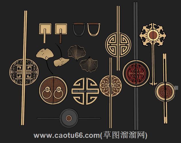 中式拉手门把手模型