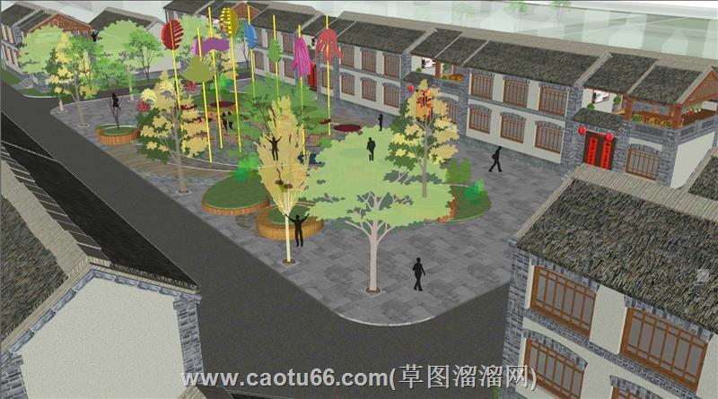 中式乡村建筑住宅小广场模型