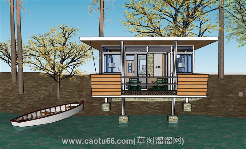 河边木屋小船模型