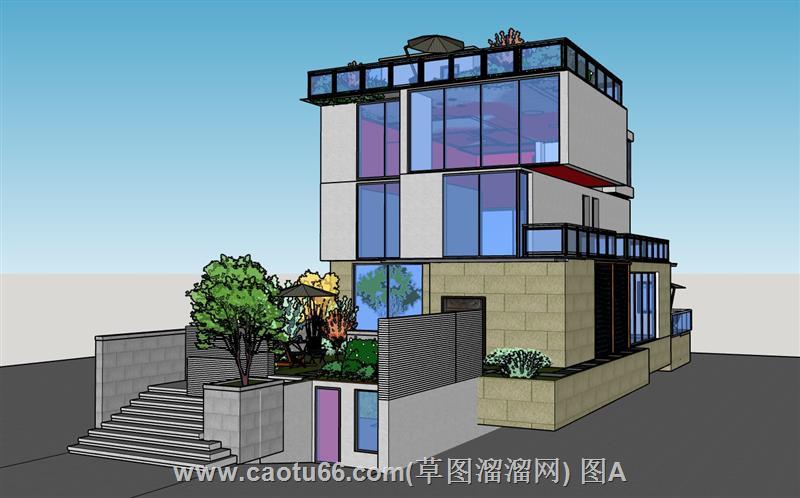 现代独栋别墅屋顶花园模型