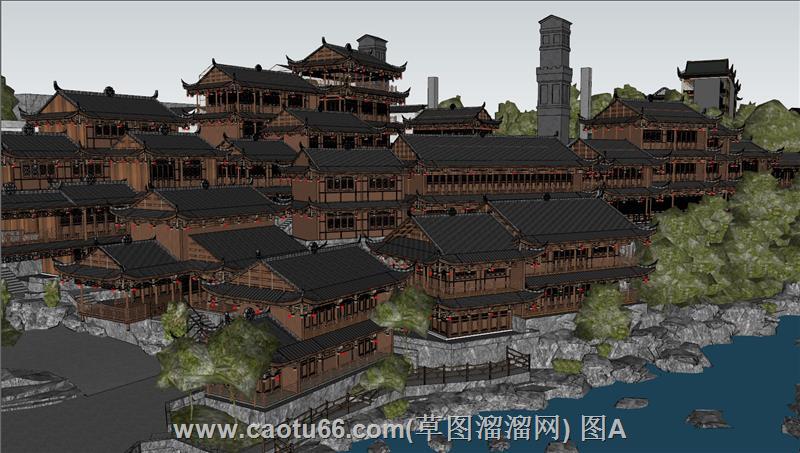 古风临水传统建筑群SU模型，含风雨桥设计