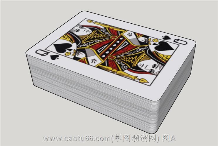 逼真扑克牌堆叠模型呈现，黑桃Q图案清晰可见
