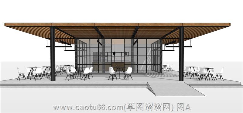 现代风户外餐饮区与内部吧台建筑设计模型展示