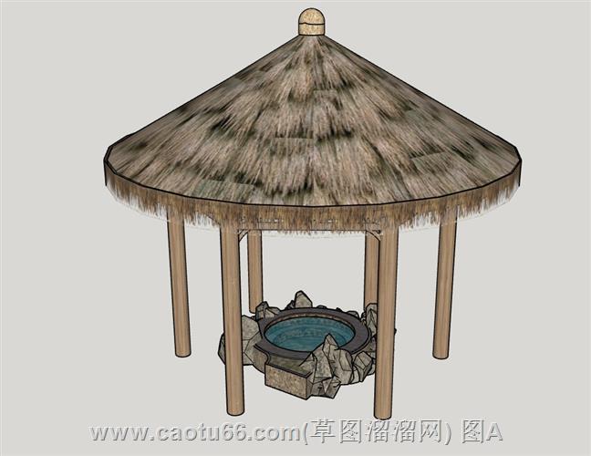 茅草顶凉亭配水池景观模型展示