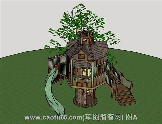 超梦幻！树屋结合滑梯的儿童游乐模型展示