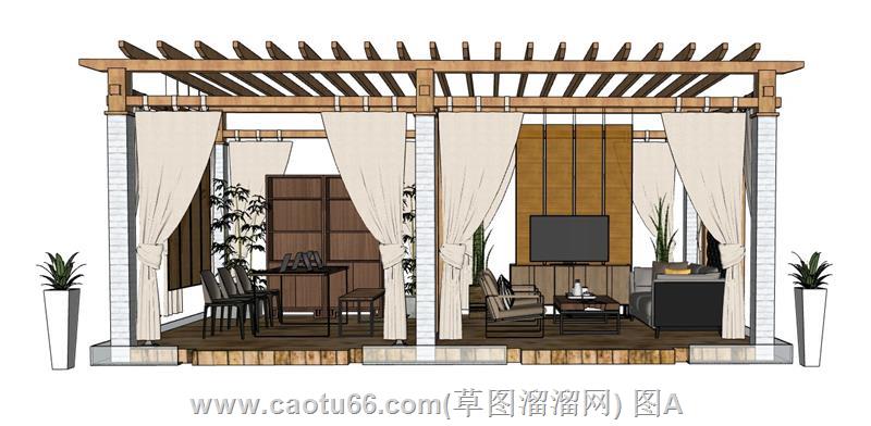 带帷幔与隔断的别致户外凉亭模型分享