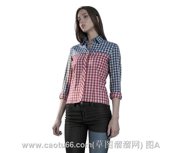 格纹撞色衬衫与拼接牛仔裤的女人形象模型