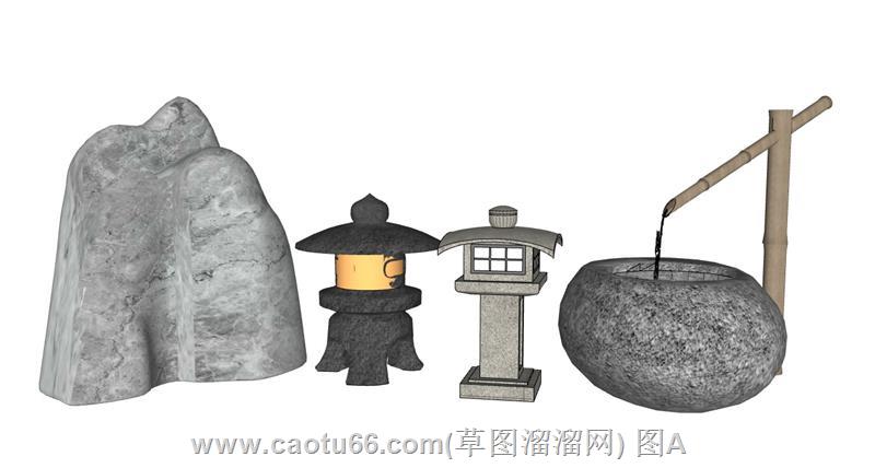 领略日式韵味的竹滴水、石头和石灯笼景观模型呈现