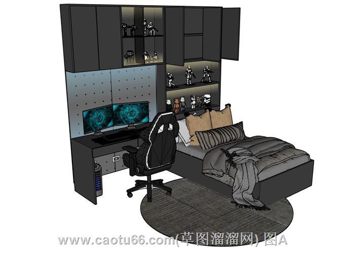 儿童房床铺电脑桌SU模型