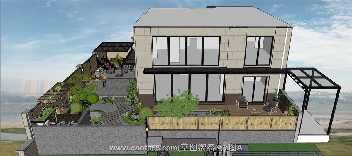 庭院茶室枯山水SU模型