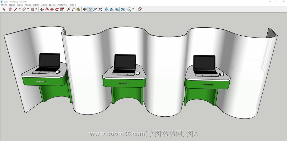 弧形白色隔断电脑桌SU模型