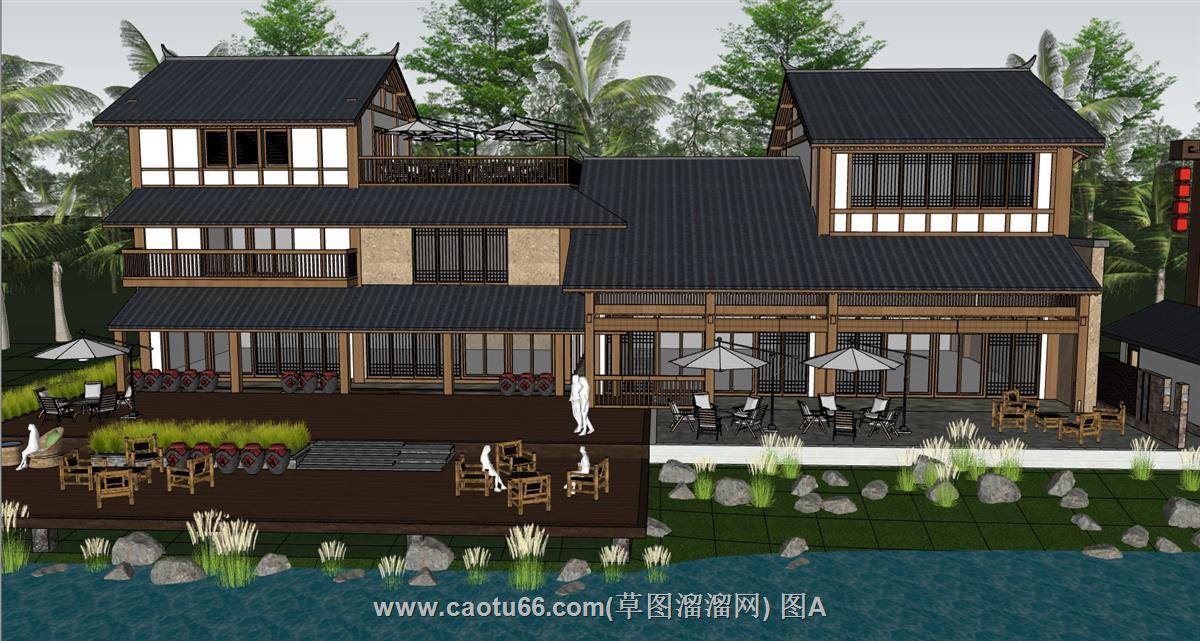 中式滨水民宿酒店SU模型