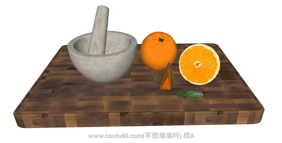 石臼和杵捣碎研磨橙子SU模型