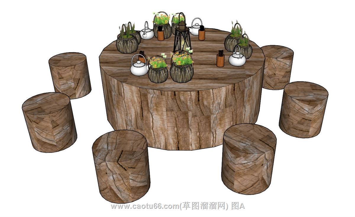 原木风茶桌椅及茶具的SU模型