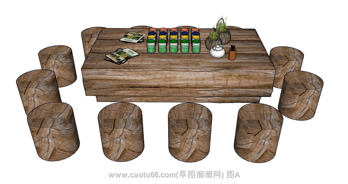原木风茶桌椅SU模型