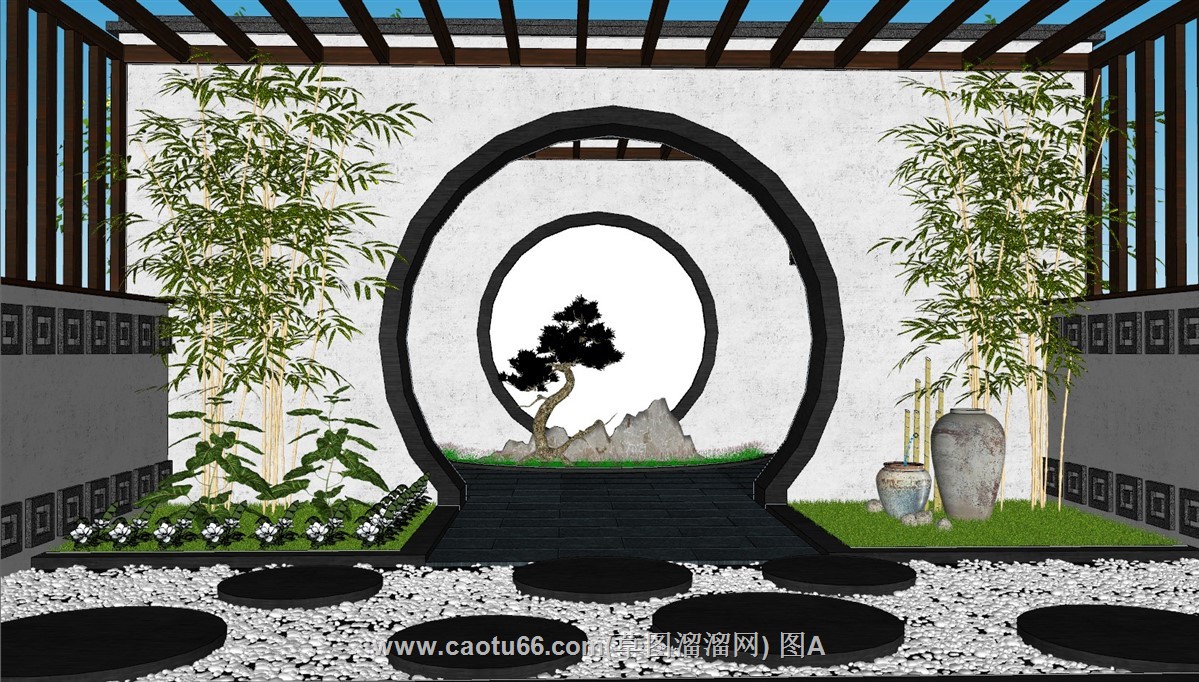 中式园林造景月洞门景观的SU模型