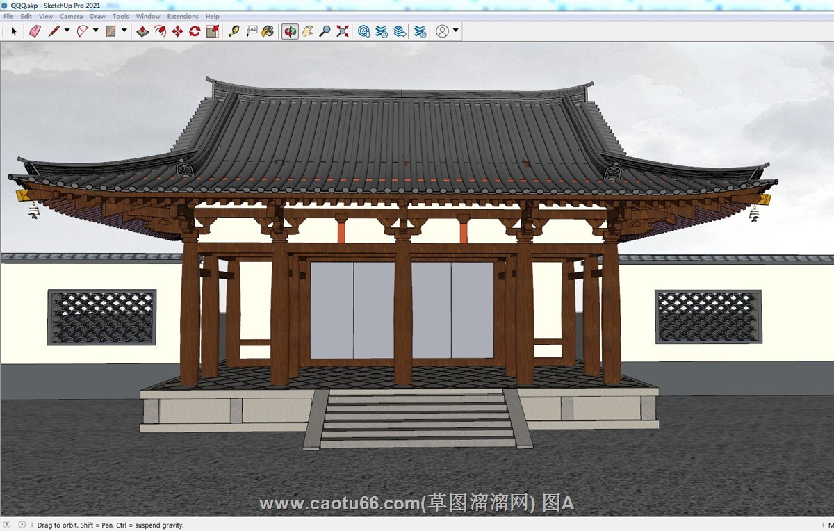 中式园林大门入口围墙的SU模型