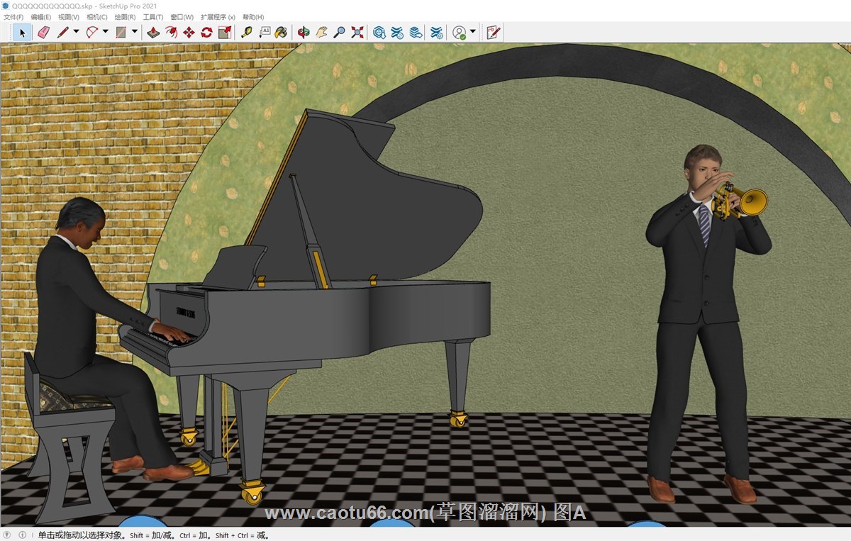 音乐人物弹钢琴吹小号的sketchup模型