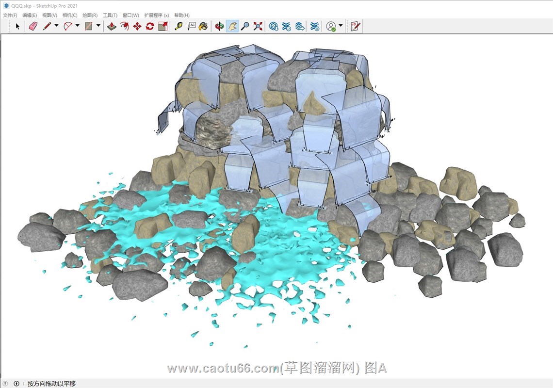 山石和假山水流的场景的sketchup模型