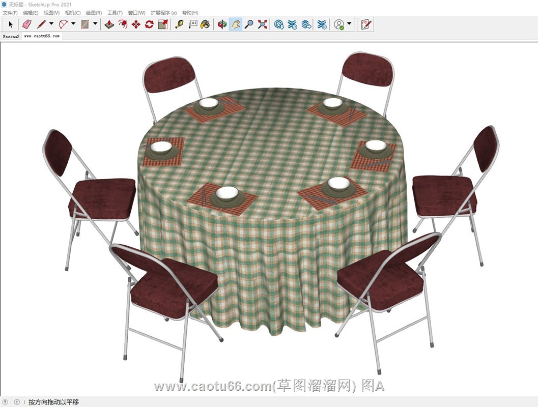 复古圆桌餐桌布折叠椅的sketchup模型