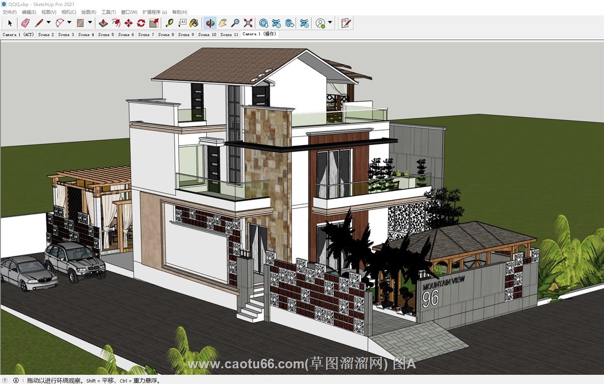 独栋住宅别墅带凉棚的sketchup模型