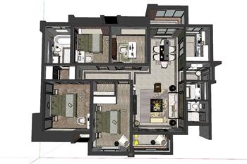 新中式室内家装户型su模型素材