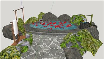 中式温泉水池SU模型