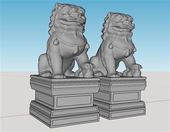 两个石狮子雕塑SU模型