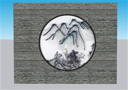 中式景墙山水画背景墙su模型(ID34568)