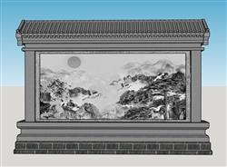 中式照壁墙su模型