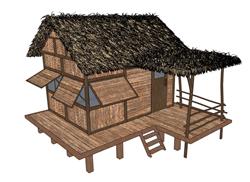 茅草屋木屋草房su模型