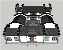 中式徽派四合院建筑su模型 免费sketchup模型下载