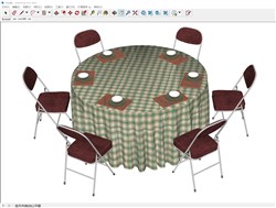 复古圆桌餐桌布折叠椅的sketchup模型