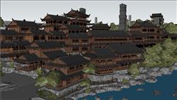 古风临水传统建筑群SU模型，含风雨桥设计