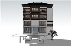 中式酒楼屋顶门窗外观半成品SU模型