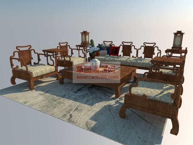 新中式沙发茶几桌灯边桌SU模型集合分享作者是【小黑】