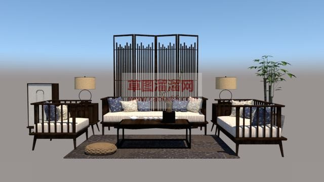 新中式沙发屏风盆栽家具的SU模型分享作者是【& 蒾夨°】
