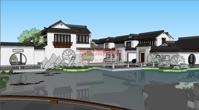 中式滨水别墅SU模型