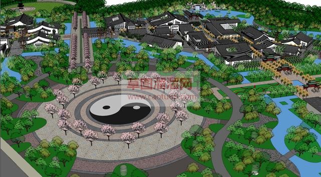 中式公园太极SU模型