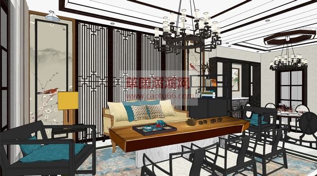 中式客厅餐厅SU模型
