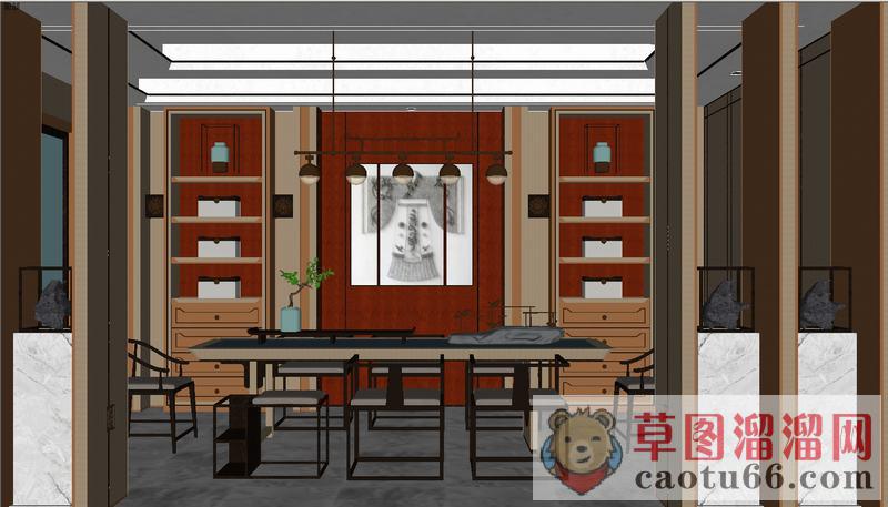 新中式茶室茶桌椅SU模型