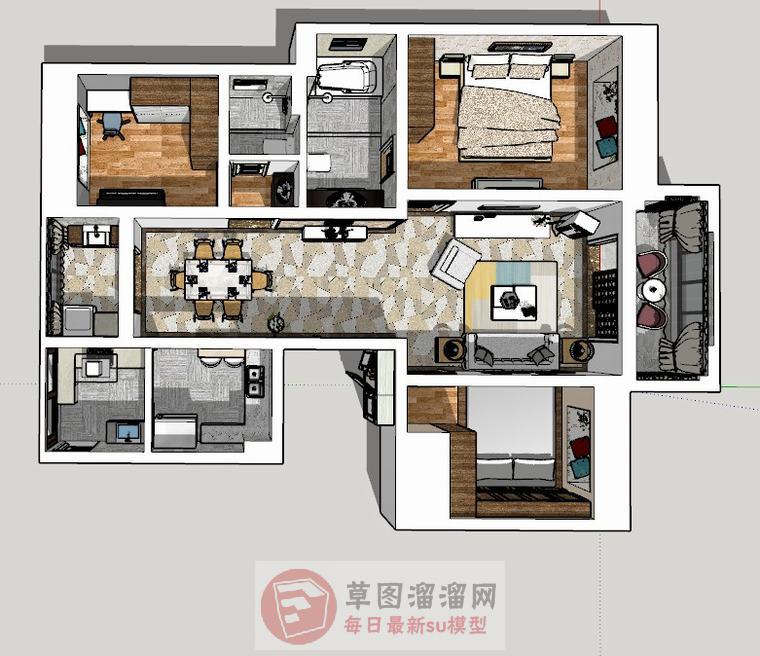三房两厅家装户型SU模型