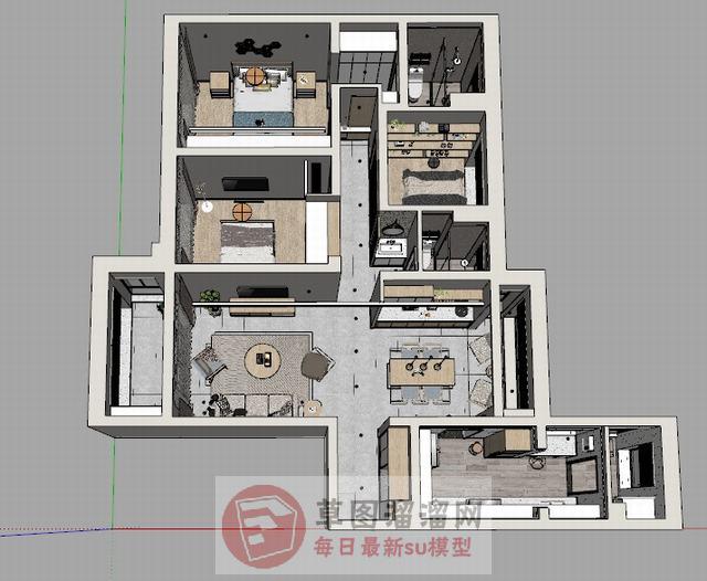 三房样板间家装SU模型