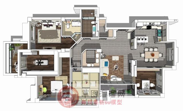 大户型三房两厅家装SU模型