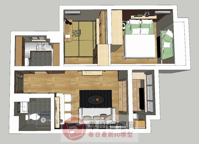 日式风格两房一厅家装SU模型