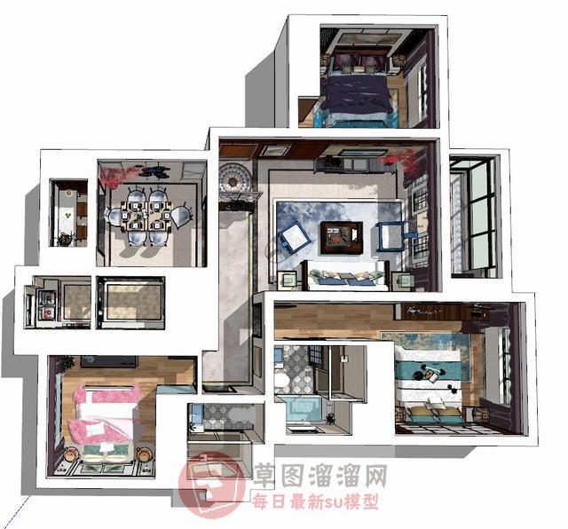 新中式三房两厅户型SU模型
