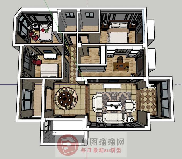 欧简三房样板间SU模型