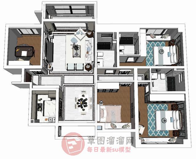 美式风格整体户型SU模型