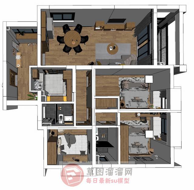 现代风格三房家装SU模型