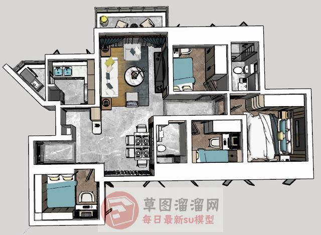 现代风格四房家装SU模型